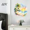 Adesivo da Parete Rotondo per Spiaggia Tramonto Palma Costa, Adesivo Paesaggio Estivo Acquerello, Decorazione Artistica per Soggiorno Cocco Tropicale Bambini