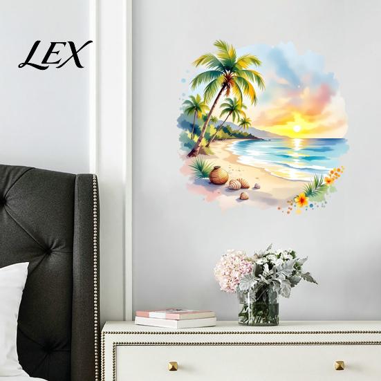 Adesivo da Parete Rotondo per Spiaggia Tramonto Palma Costa, Adesivo Paesaggio Estivo Acquerello, Decorazione Artistica per Soggiorno Cocco Tropicale Bambini