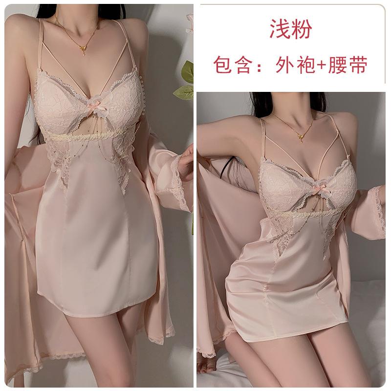 Women's Silky Satin Deep V Padded Backless Sleep Dress with Robe Lounge Set