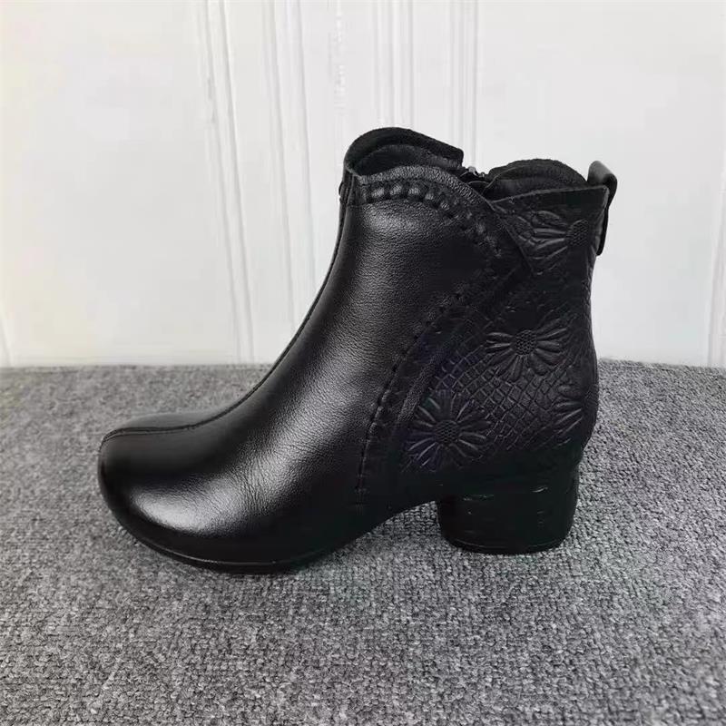Retro soft leather short boots autumn and winter new cotton boots soft sole non-slip warm snow boots thick heel velvet shoes