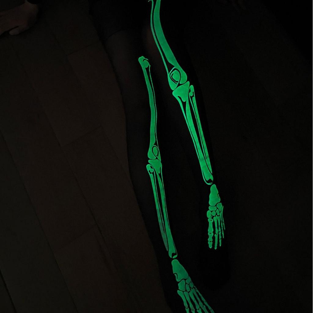 Glow-in-the-Dark White Skull Patterned J-K Style Dance Tights Black Luminous Polyester Terylene Pantyhose Snagging Resistance