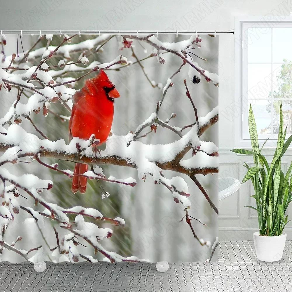 GAERed Birds Shower Curtains Snow Winter Berry Snow Tree Branch New Year Christmas Bath Curtain Set Cloth Bathroom Decor with