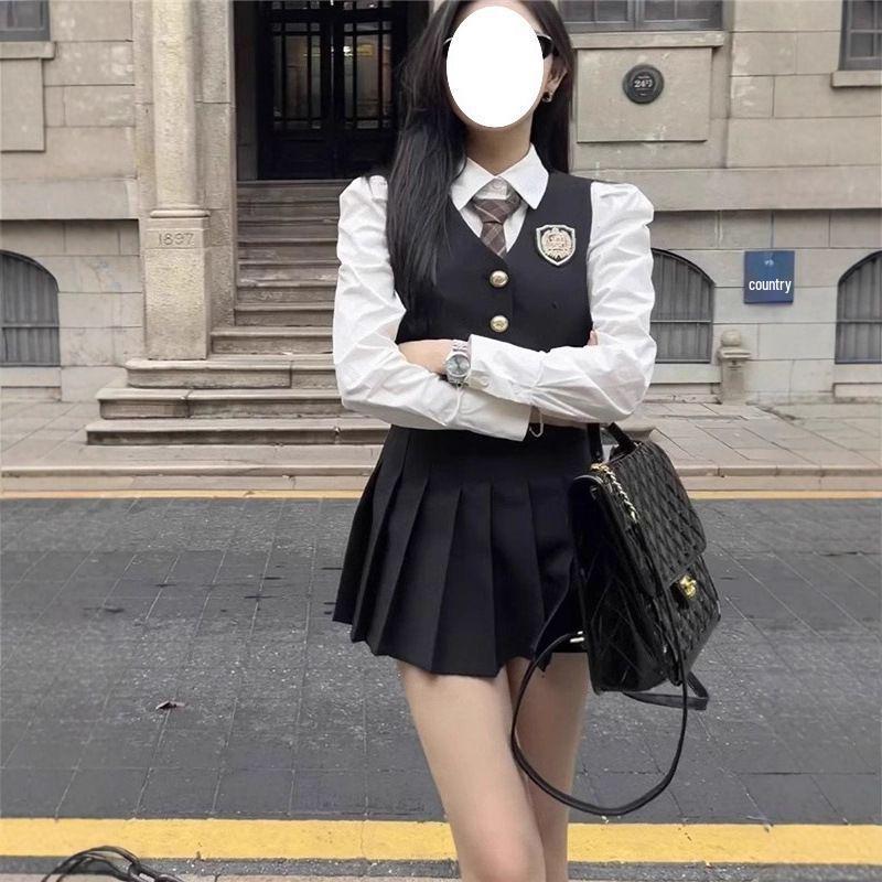 Women's British Style College Uniform: Vest, Shirt & Pleated Short Skirt 3-Piece Set for Spring & Autumn