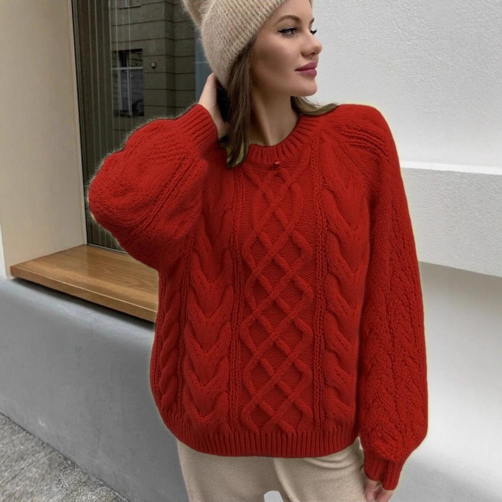 2026 sweater women's crew neck twist pullover autumn and winter lazy wind loose thickened twisted knitted sweater foreign trade women