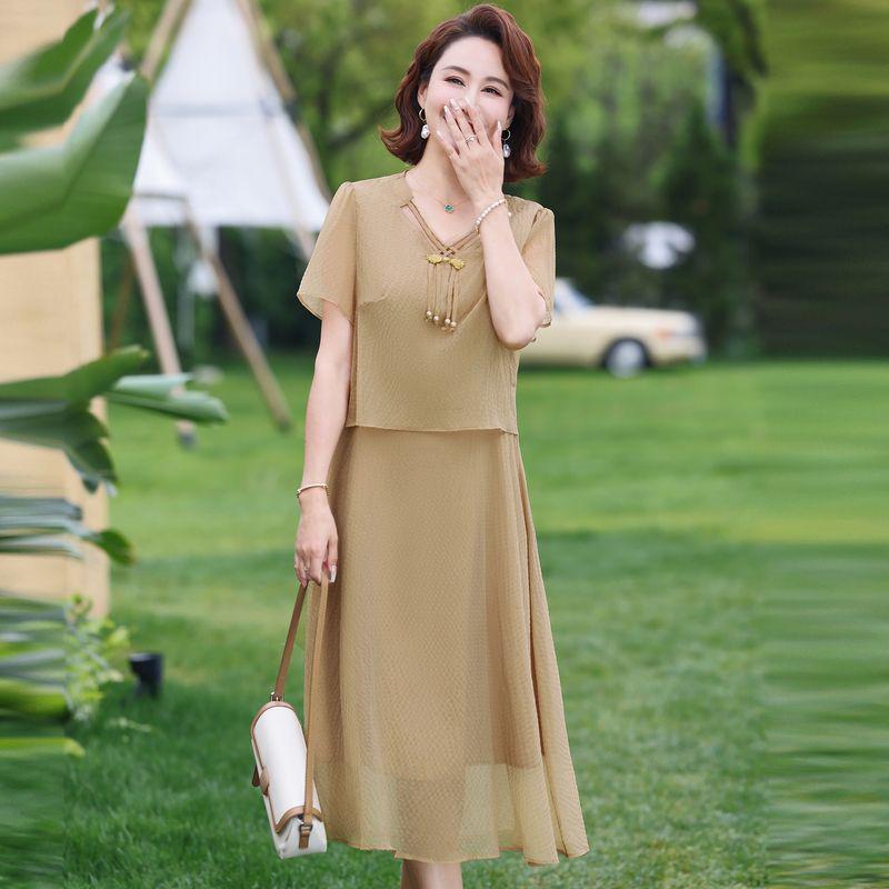 Chinese Inspired Two-Piece Short Sleeve Dress for Middle-Aged & Elderly Women - Summer Solid Color Trendy Mid-Length Skirt