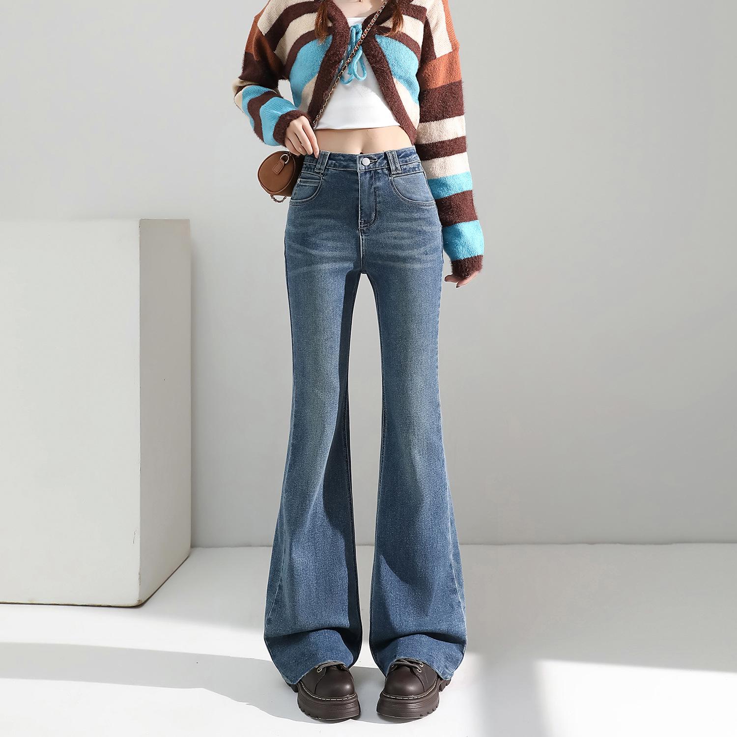 Women s Retro Blue High-Waisted Flared Jeans, Spring 2026 Style, Tall Slimming Fit, Elastic Fabric M