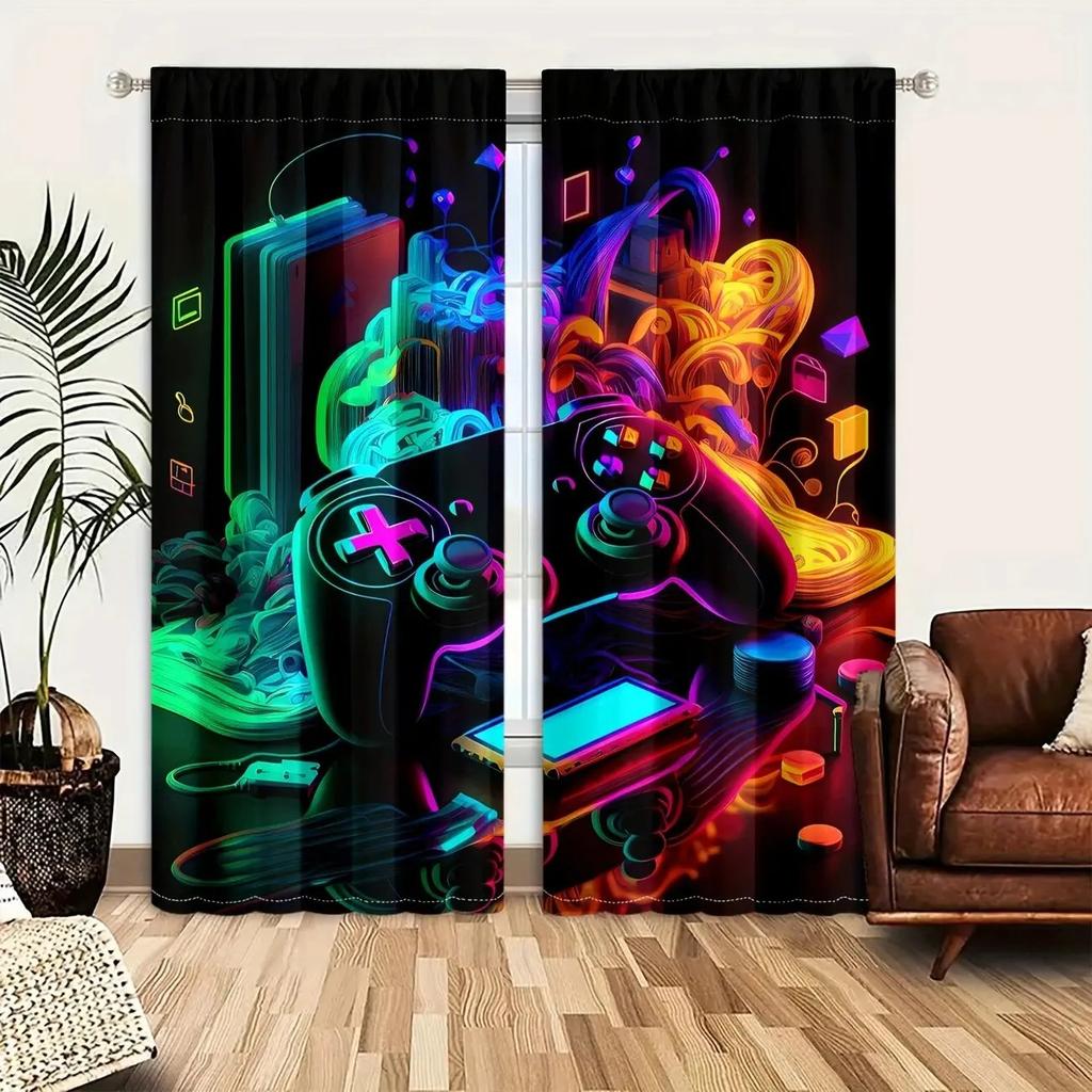 Set Of 2 Modern Jit Luminous Gamepad Curtains Polyester Drapes Gaming Room Window Decor Home Curtain Blackout With Rod Pocket