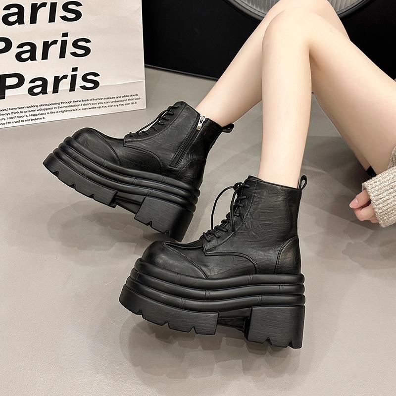 New Women High Platform Boots Gothic Leather Punk Shoes Female Ankle Short Combat Boots 10CM Wedge Heels Chunky Motorcycle Boots