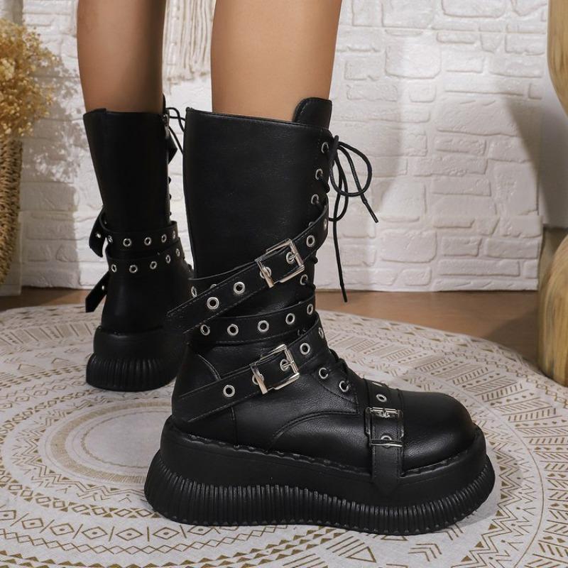 Fashion Punk Gothic Women Boots 2024 Autumn Winter Platform Heightened Lace Up Short Boots Black 6cm Chunky Heel Knight Botas Goth Shoes