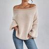 Women Sweater Off Shoulder Oversized Long Sleeve Knit Pullover Top Loose Fit Striped Print Soft Stretchy Knitting Tops