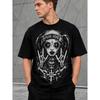 Men's Gothic Skull Graphic Tee with Cross & Skeleton Hands Design, Relaxed Fit Short Sleeve Crew Neck Cotton Shirt for Streetwear or Festival Outfits