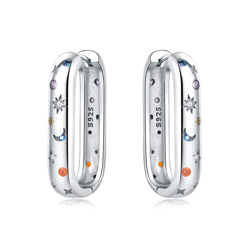 Real 925 Silver Hoop Earrings Colorful Zircon Bright Starry Sky Earrings Women Engagement Wedding Party Silver Jewelry