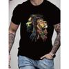 European Sizes Men's Reggae-Inspired Lion Graphic T-Shirt, Black Short-Sleeve Crew Neck, Unique Summer Streetwear