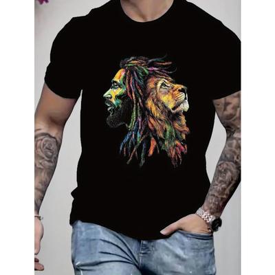 Europäische Größen Herren Reggae-inspiriertes T-Shirt mit Löwen-Grafik, Schwarz, Kurzarm, Rundhals, Einzigartige Sommer-Streetwear