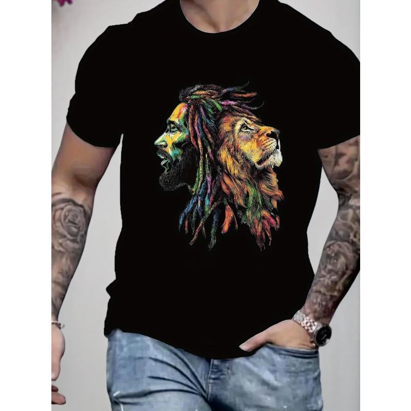 European Sizes Men's Reggae-Inspired Lion Graphic T-Shirt, Black Short-Sleeve Crew Neck, Unique Summer Streetwear