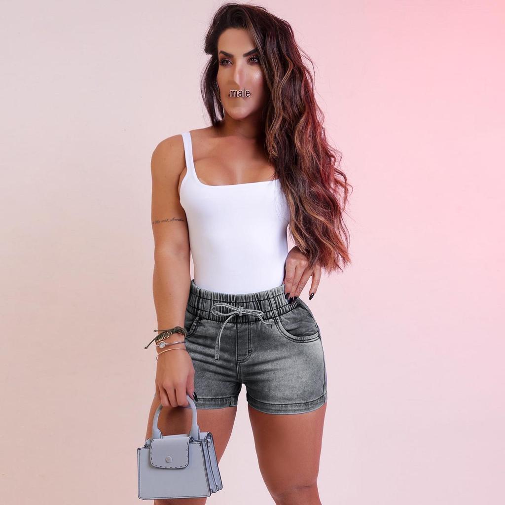 2025 Spring/Summer High-Waisted Elastic Slim-Fit Lace-Up Denim Shorts