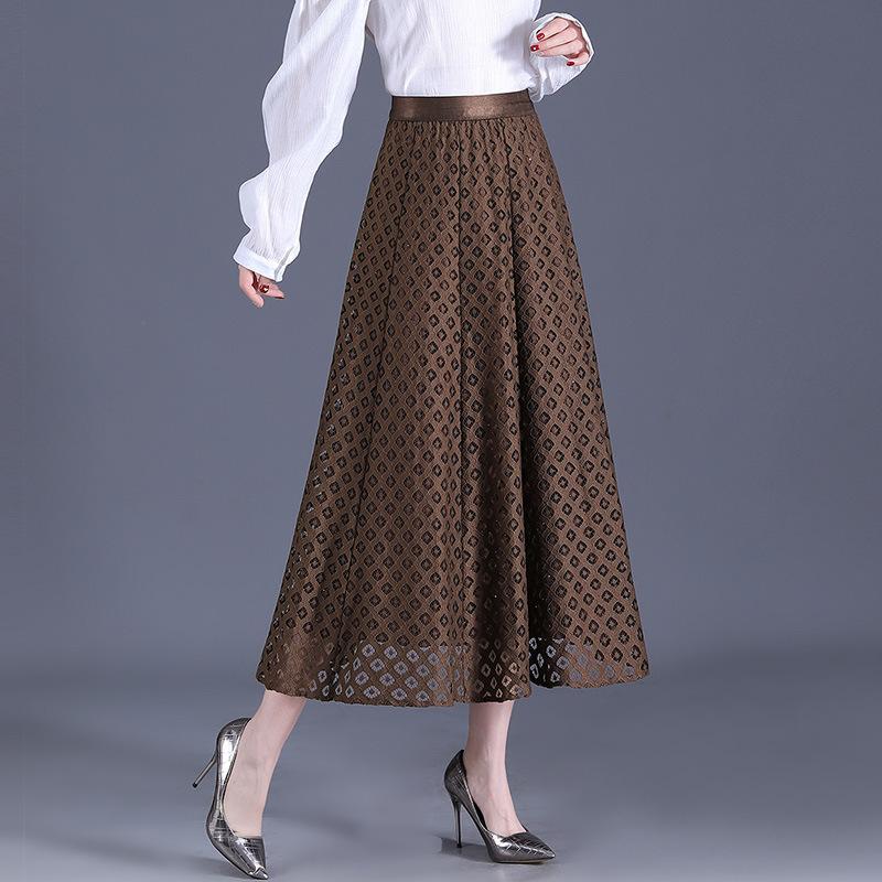 Hollow skirt women's 2025 summer new high-waisted and thin A-shaped tutu skirt lace skirt big swing medium and long skirt