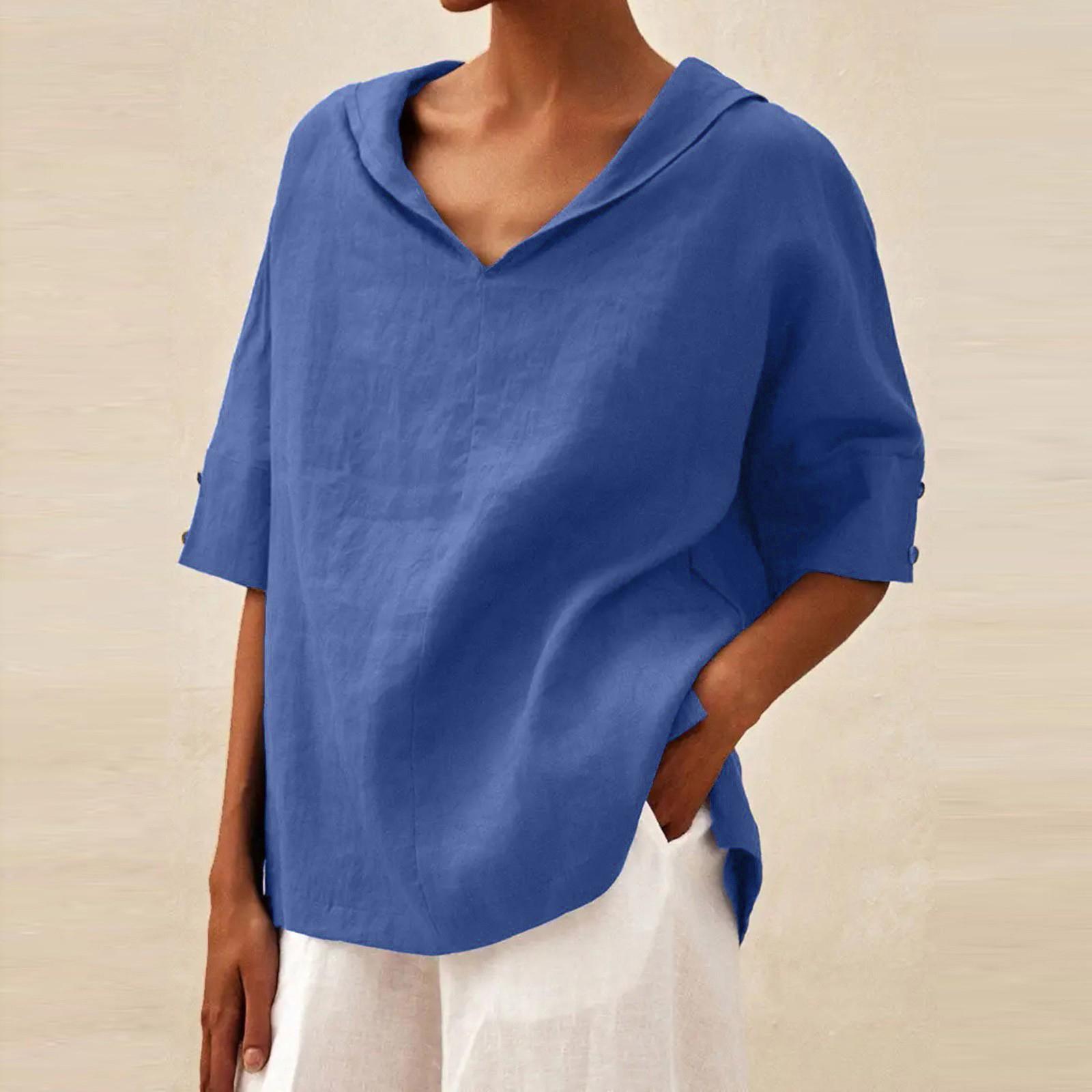 

Women s Color Cotton And Linen Loose V-neck Mid-Sleeve Button-Up T-Shirt S синий