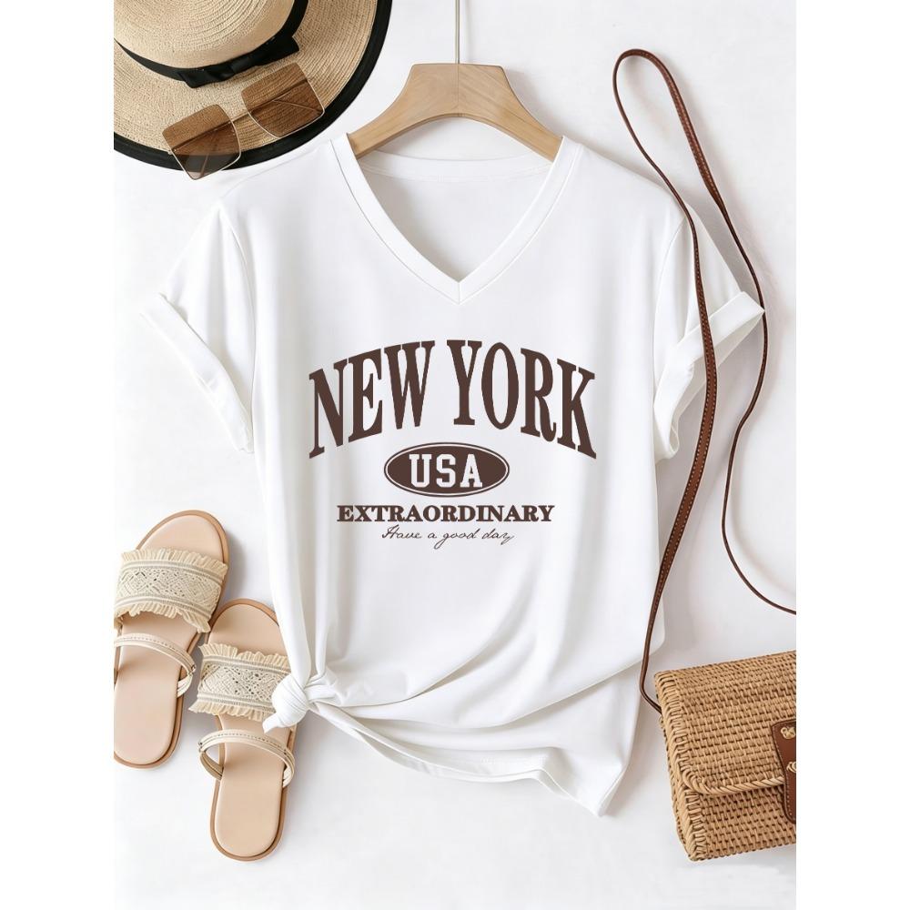 Fashion T-shirt V Neck Casual Y2k USA NEW YORK Printed T Shirts Women Short Sleeve Tee Shirt V-Neck Summer T SHIRT