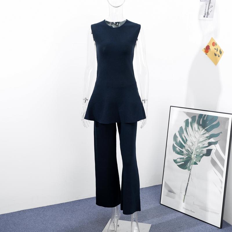 

Элегантный комплект из брюк с оборками и подолом, женский однотонный топ без рукавов с круглым вырезом, широкие брюки с высокой талией, женский костюм, весенний модный женский комплект 2025 года L темно-синий