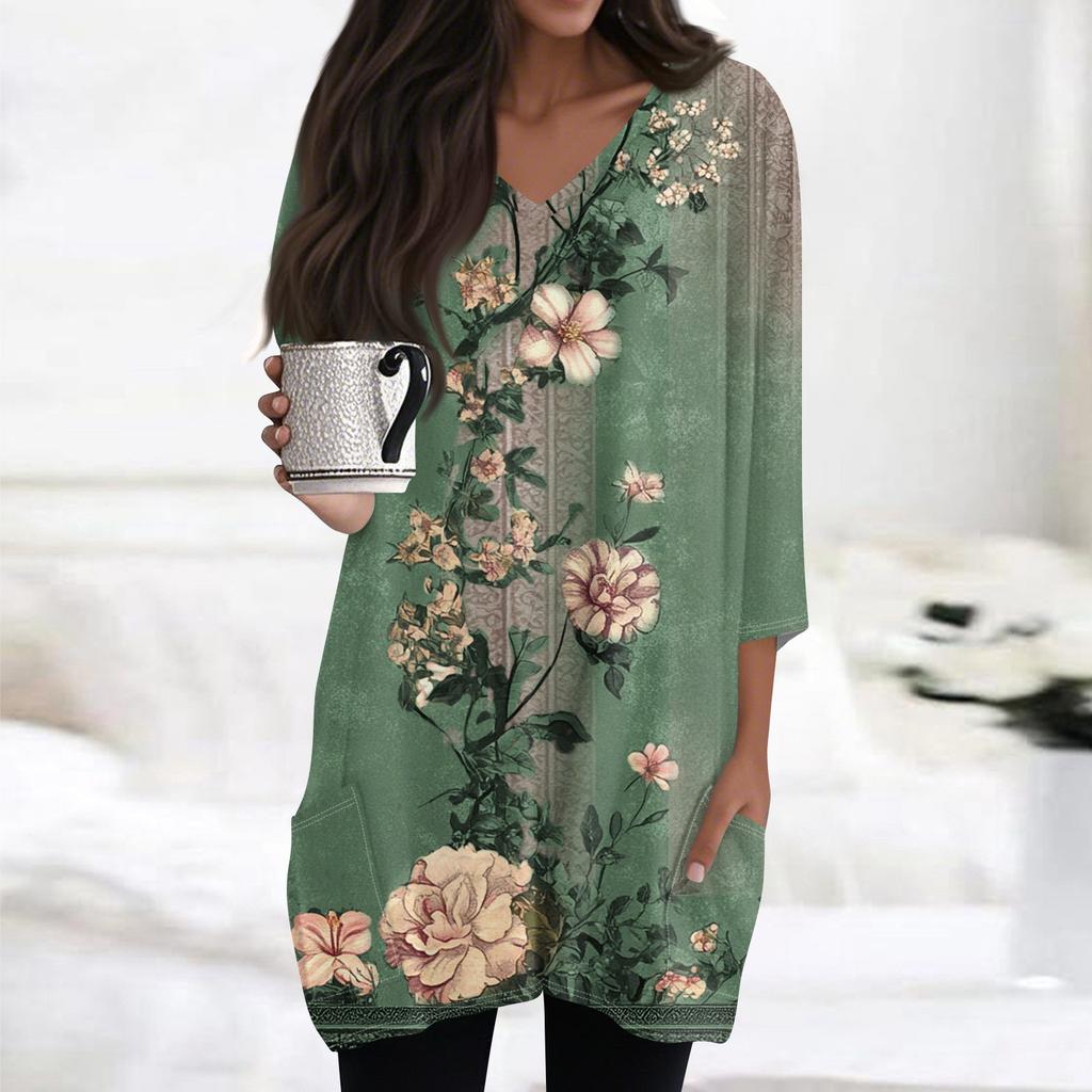 Kadın Günlük V Yaka 3/4 Kol Vintage Çiçek Desenli Üst