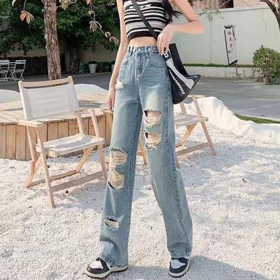 Women's Spring and Summer Broken Hole Straight Jeans Pockets Personalized Design Wide Leg Pants