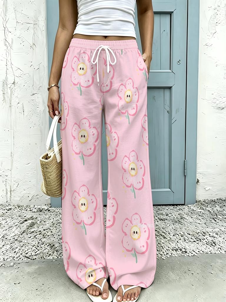 Soft Cute Cartoon Smiling Flower Fashion Pants, Girly Style, Women's Large Size Sports Trousers