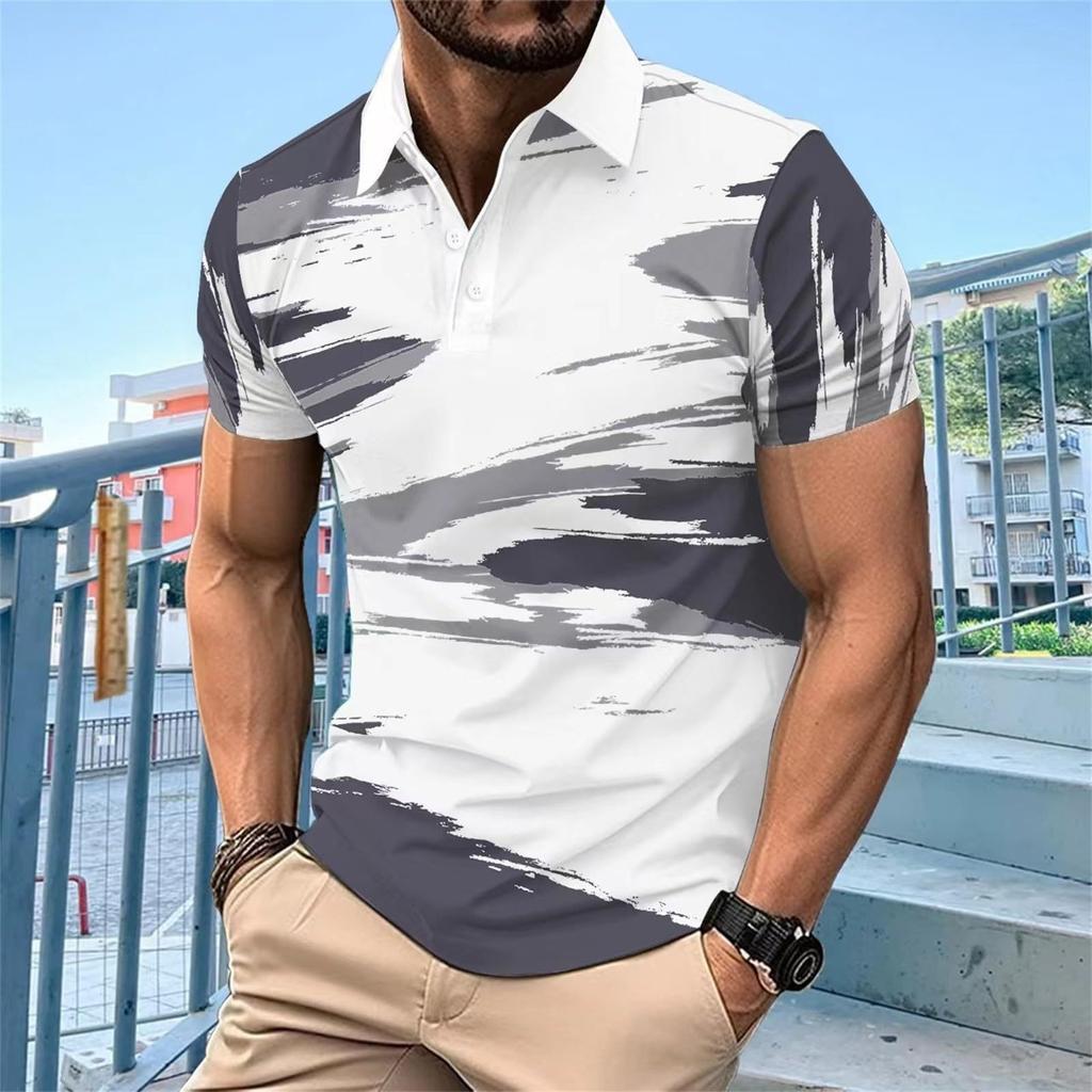 Casual Essential: Geometric Print Short Sleeve Polo Shirt for Men