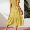 Women's Square Collar Waist Printed Bubble Sleeve Dress S-XXXL