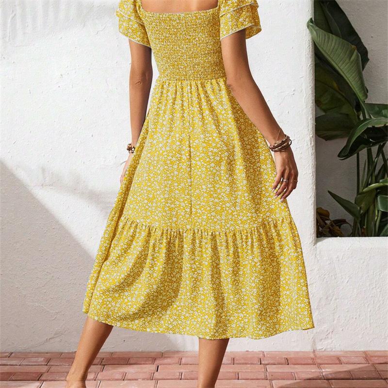 Women's Square Collar Waist Printed Bubble Sleeve Dress S-XXXL