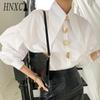 Spring Elegant Style, Unique Pointed Collar, Single-breasted Button, Loose Lantern Sleeve Shirt for Women