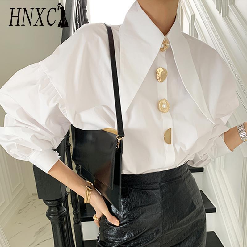 HNXC Spring Elegant Style, Unique Pointed Collar, Single-breasted Button, Loose Lantern Sleeve Shirt for Women