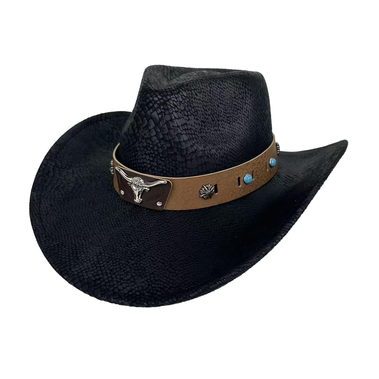 

European And American Snake Pattern Western Cowboy Hat Ethnic Style Bull Head Decoration Men S And Women S Top Hat 9.5Cm Large Brim Jazz Hat M（56-58cm） чорний