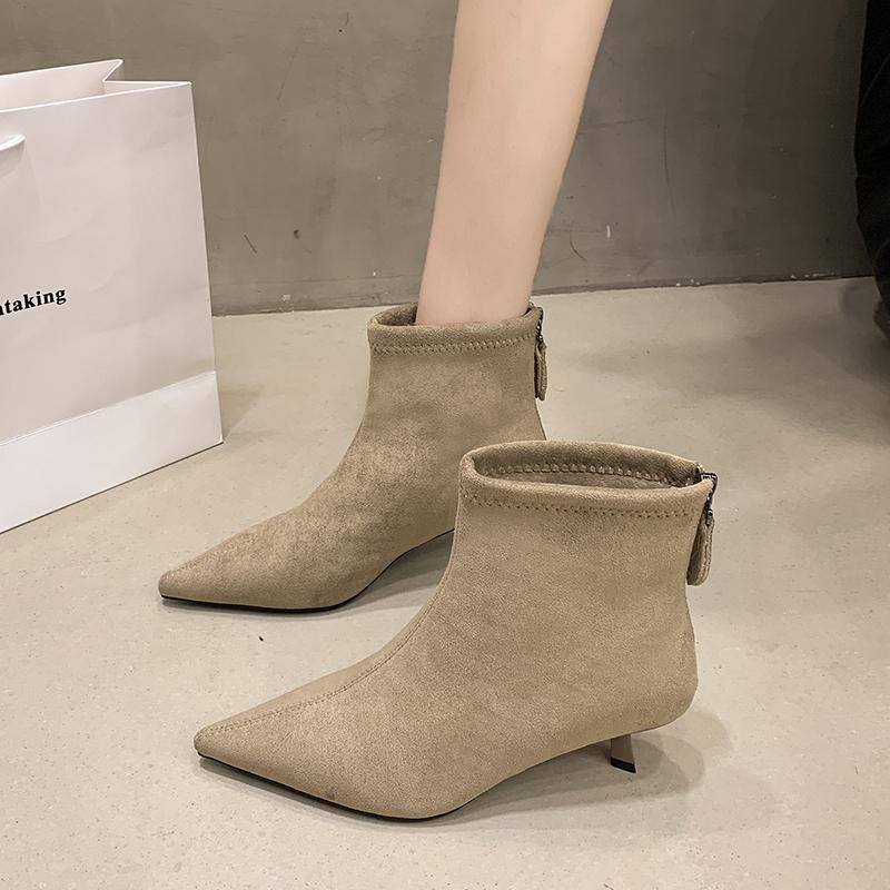 

French Heeled Booties Women Fall Winter 2026 Suede Pointed Toe Stretch Boots Stiletto Heel Versatile Skinny Boots 40