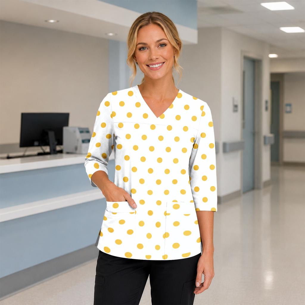 Women's Floral Print V-Neck Scrub Top with Pockets, Three-Quarter Sleeves, Side Split for Nurses