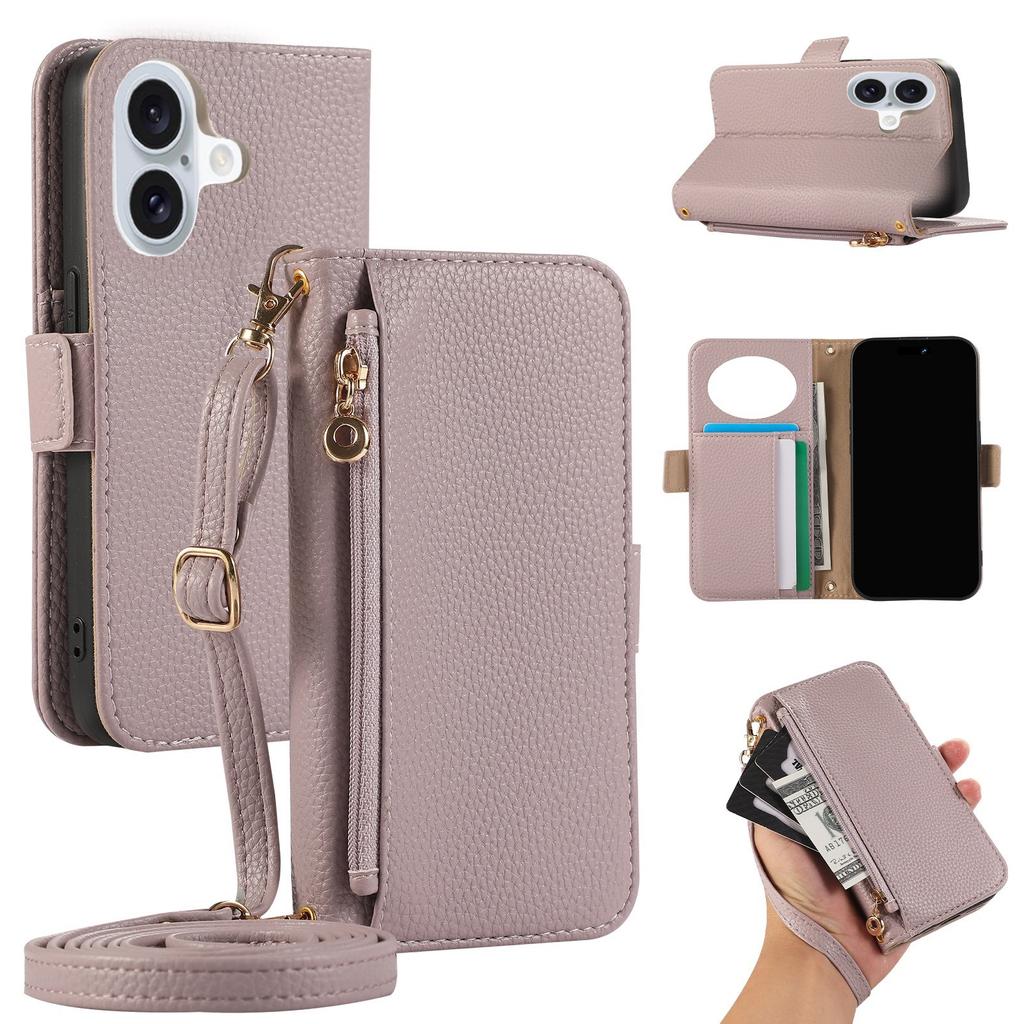 Applicable to iPhone16 lychee pattern leather case 15plus zipper wallet card insert mirror diagonal span protective case 14Pro