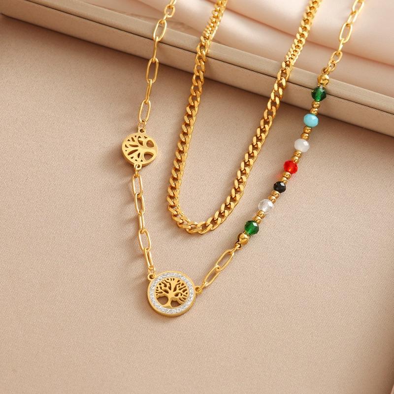 Irregular Retro Colored Beaded Tree of Life Pendant Accessories Titanium Steel Double Layer Necklace