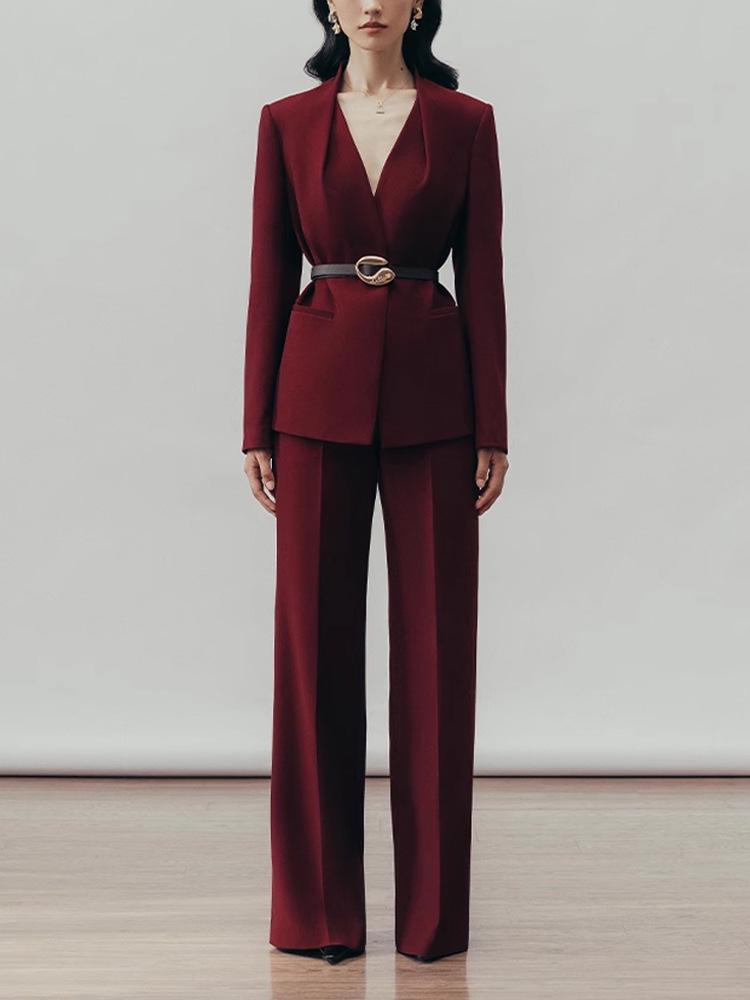 Women's Burgundy High-End Suit Set: Spring/Autumn 2025 Street Style with Wide-Leg Pants