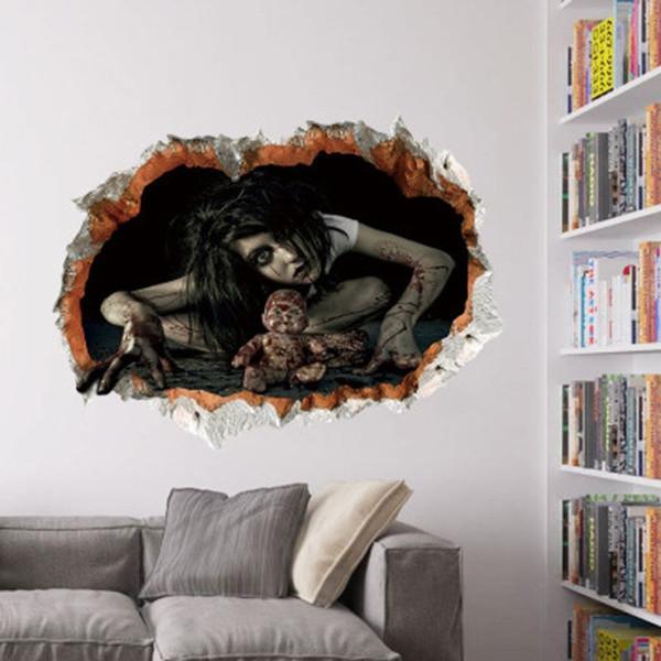 3d Realistic Horrifying Halloween Wall Breakthrough Ghost Girl Wall Sticker Removable Pvc Decor For Living Room And Hallway