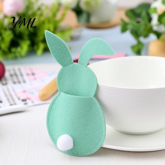 Felt Tableware Organizer 4 Pcs Easter Bunny Cutlery Holders, Pouch Bags, Cute Rabbit Utensil Plush Tail Table Settings Sleeve, Spring Fork Spoon Knife