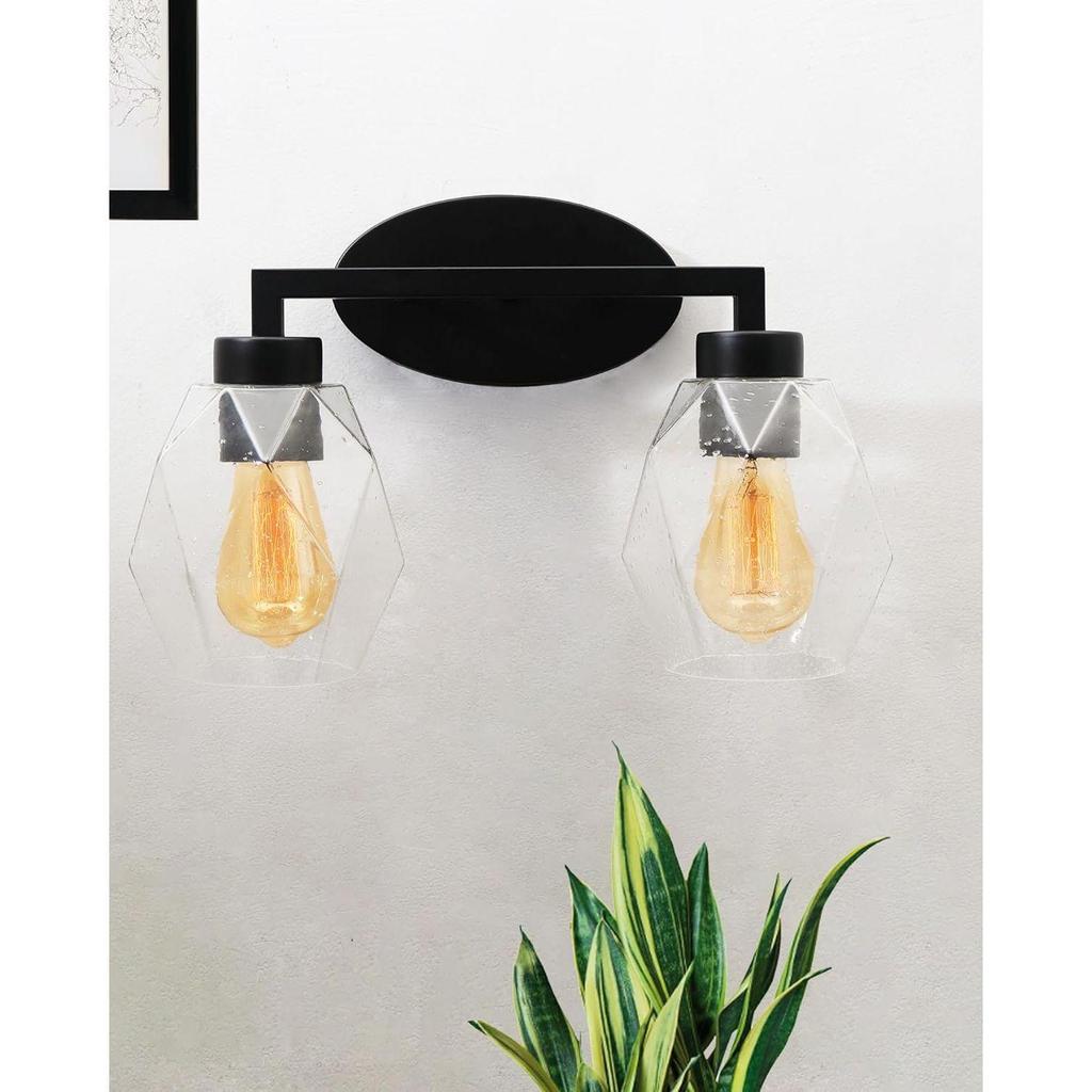 2-Light Wall Sconce Vanity Lighting Bathroom Lamp in Black with Hexa Glass Shades Wall Mounted Light Fixtures for Bedroom Stairs and Kitchen