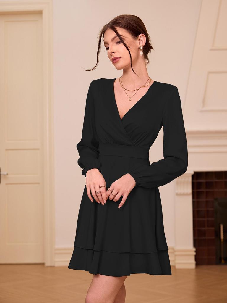 European and American Women's V-Neck Satin Dress - Elegant Spring/Summer Style with Lantern Sleeves and Slim Fit.