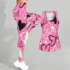 Completo Yoga Stampato con Motivo a Cuori per Donna Moda Leggings da Allenamento Fitness Sportivo Set Yoga Casual Tuta Sportiva