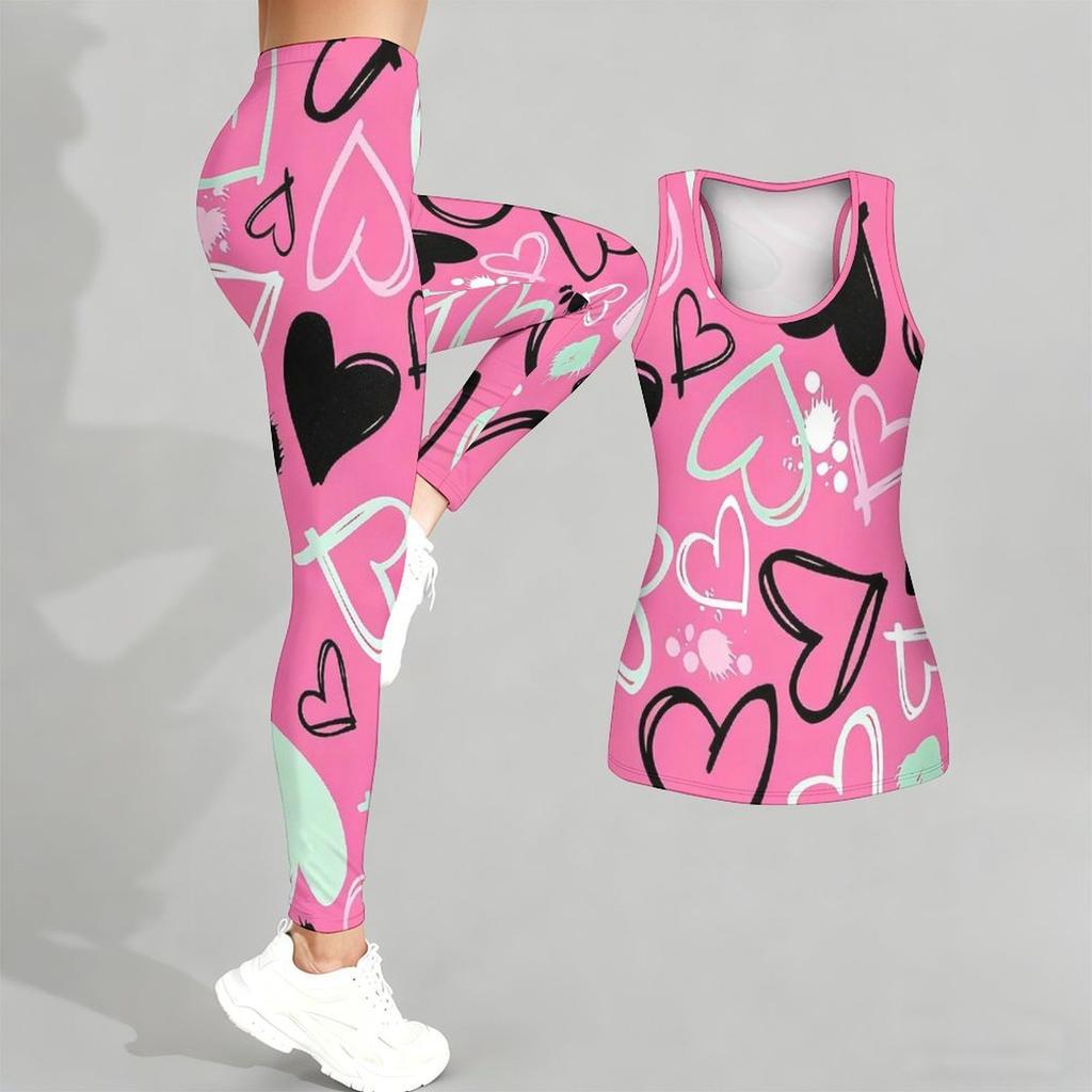 Completo Yoga Stampato con Motivo a Cuori per Donna Moda Leggings da Allenamento Fitness Sportivo Set Yoga Casual Tuta Sportiva