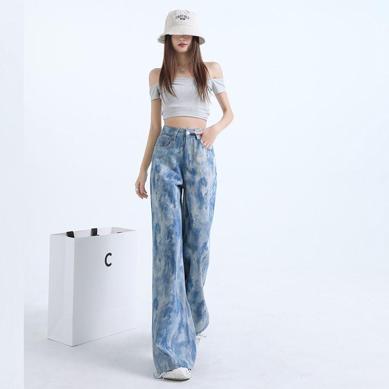 Spring Summer Light Blue Printed Fine Glitter Wide Leg Flare Denim Pants For Ladies Casual Pants Oversize Denim Trousers
