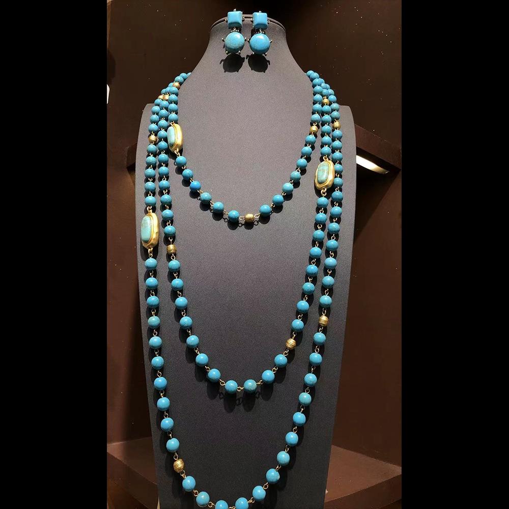 Turquoise Long Sweater Chain Multi-layer Double-layer Vintage High-end Necklace Earrings