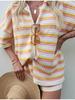 New Women's Fashion Block Color Patchwork Ringer Striped Short Sleeve Shorts Set
