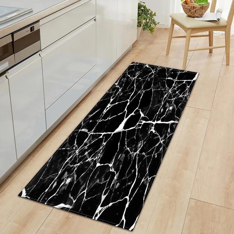 1 PC Anti-Slip Kitchen Carpet Black White Marble Printed Entrance Doormat Floor Mats Carpets for Living Room Bathroom Mat Rugs