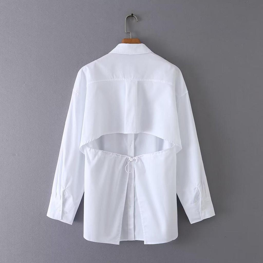 European & American Women's Long-Sleeve Backless Poplin Shirt with Lapel - Spring 2023 Fashion