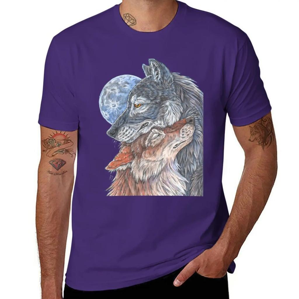 Two Wolves Under Full Moon, No Background T-Shirt Summer Top Heavyweights Mens Graphic T-shirts Hip Hop